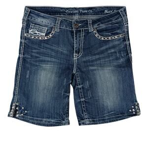 Cowgirl Tuff Co, Denim Shorts Womens 31 35X10 Blue Fade Tried & True Jeweled Y2K